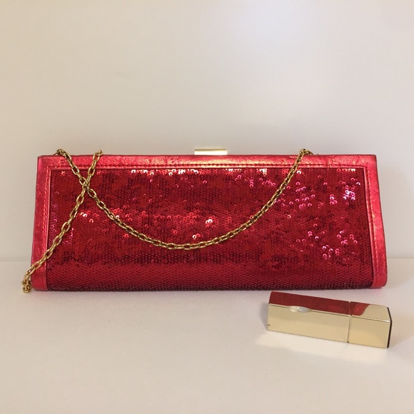 Scarlet Red Evening Party Sequins Clutch Gold Chain - Picture 7 of 9